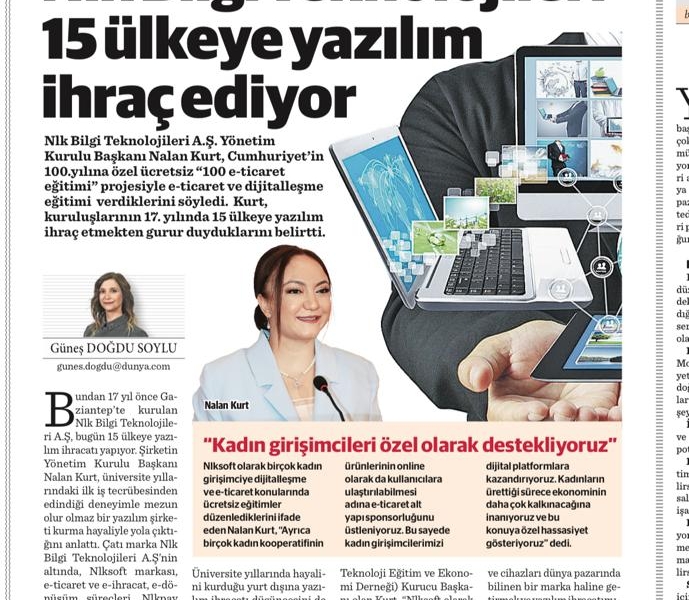 Nlk Bilgi Teknolojileri 15 Ülkeye Yazılım İhraç Ediyor Başlığı İle Dünya Gazetesinde Yer Aldık.